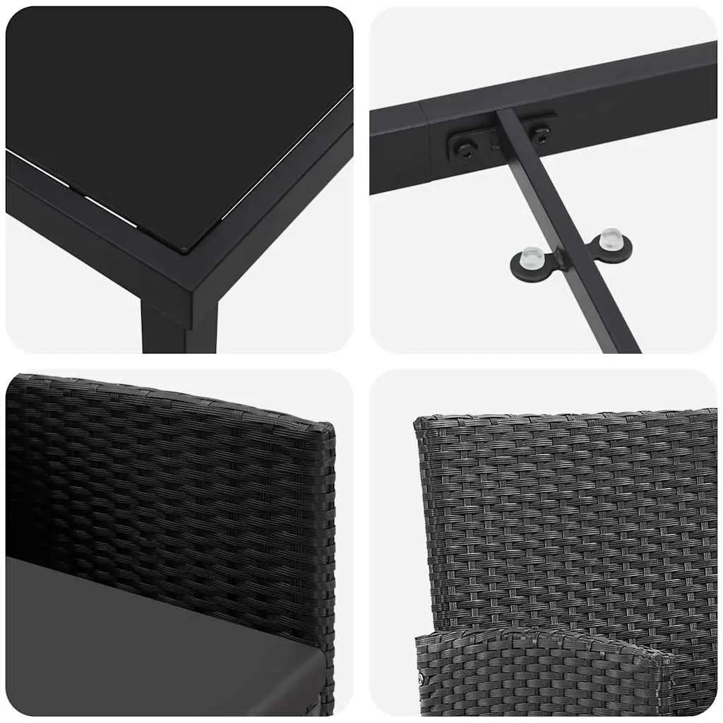 5 Piece Outdoor Dining Set Black Poly Rattan Garden Patio Furniture with Glass Top
