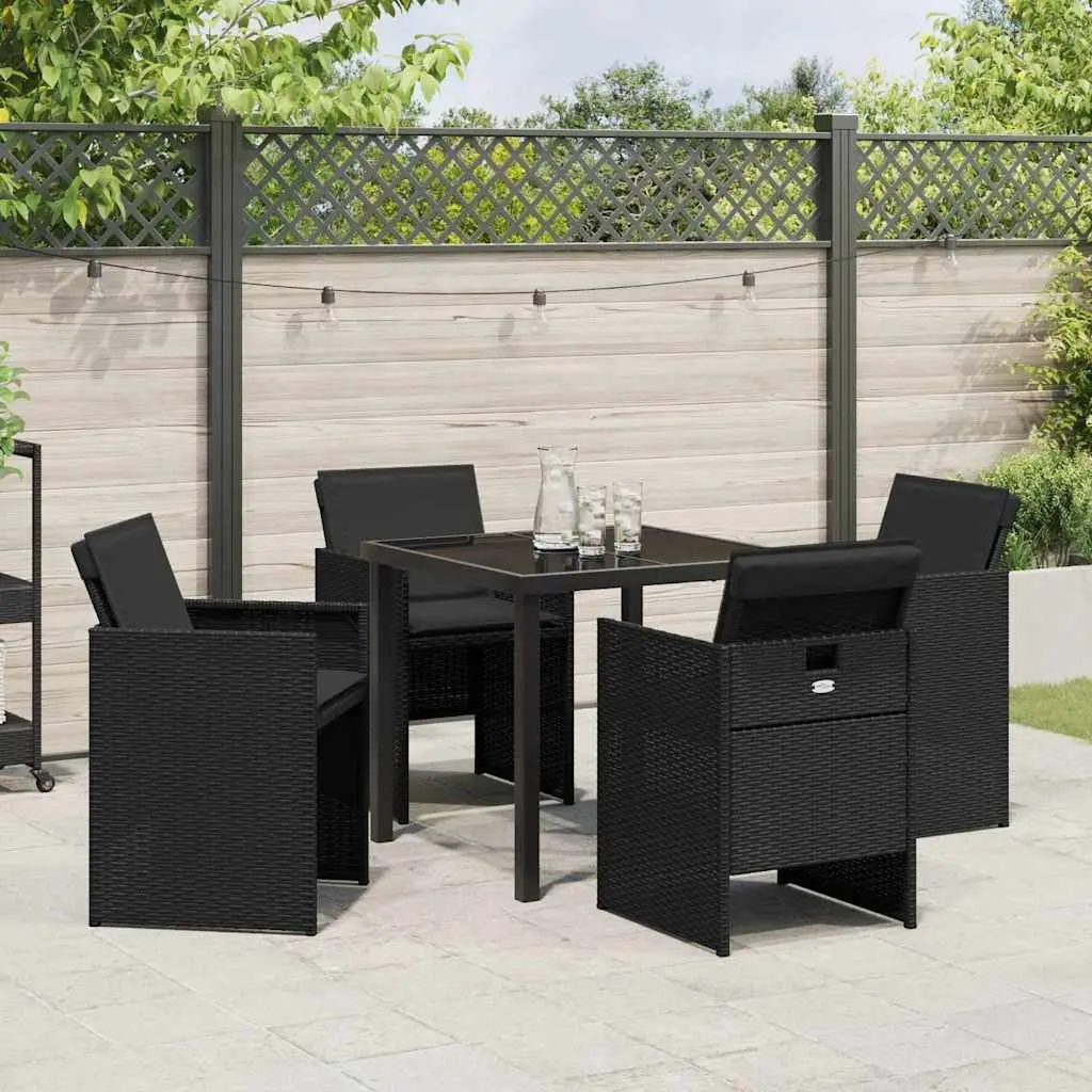 Outdoor Garden Dining Set Black 5 Piece Poly Rattan Table Chairs Cushion