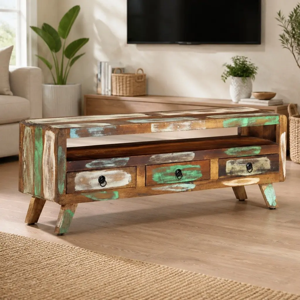 TV Cabinet Multicolour 110x30x40 cm Solid Reclaimed Wood Storage Unit with 3 Drawers and 1 Shelf