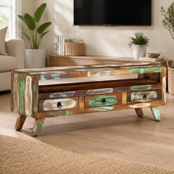 Compact Multicolour TV Cabinet in Solid Reclaimed Wood 110x30x40 cm