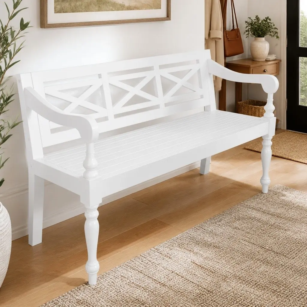 Wooden Storage Bench White 123cm Indoor Seating with Curved Armrests for Entryway and Hallway