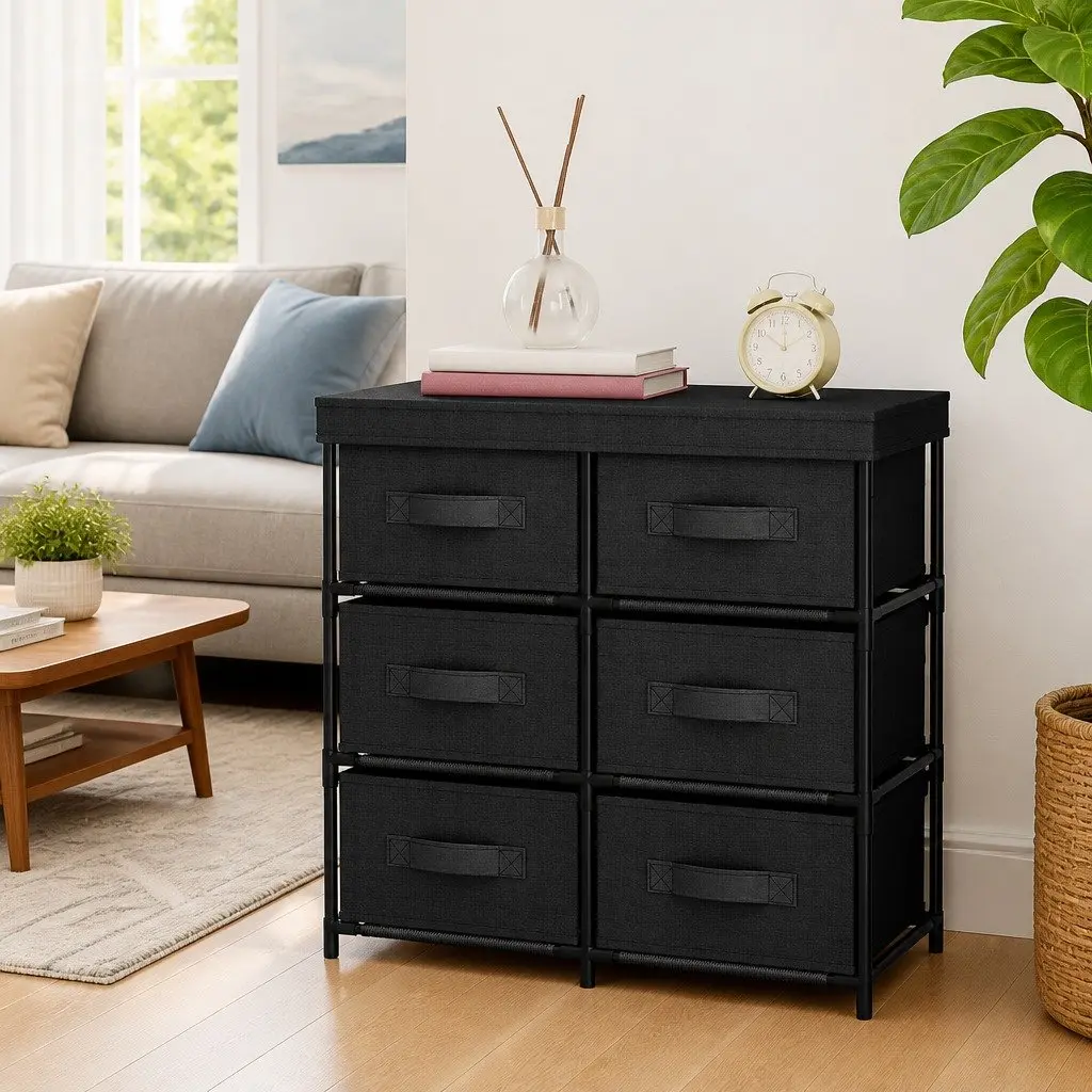 Storage Cabinet Black 6 Drawers Fabric Organiser Steel Frame Unit