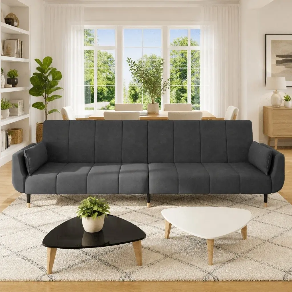 2-Seater Sofa Bed Grey Velvet Convertible Adjustable Lounger with Pillows