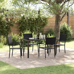 Outdoor Garden Dining Set 5 Pieces Black Poly Rattan Tempered Glass Table Chairs