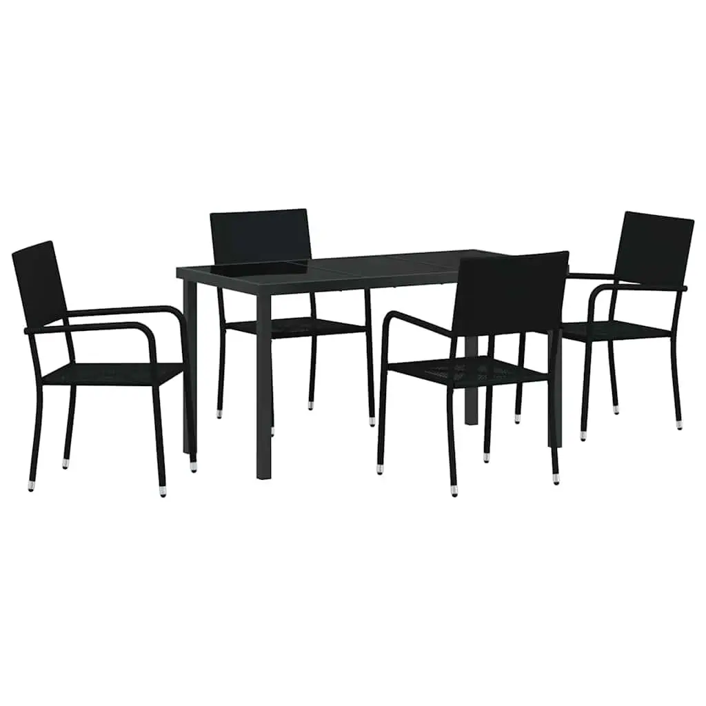 Outdoor Dining Set Black 5 Piece Poly Rattan Tempered Glass Table with Cushions