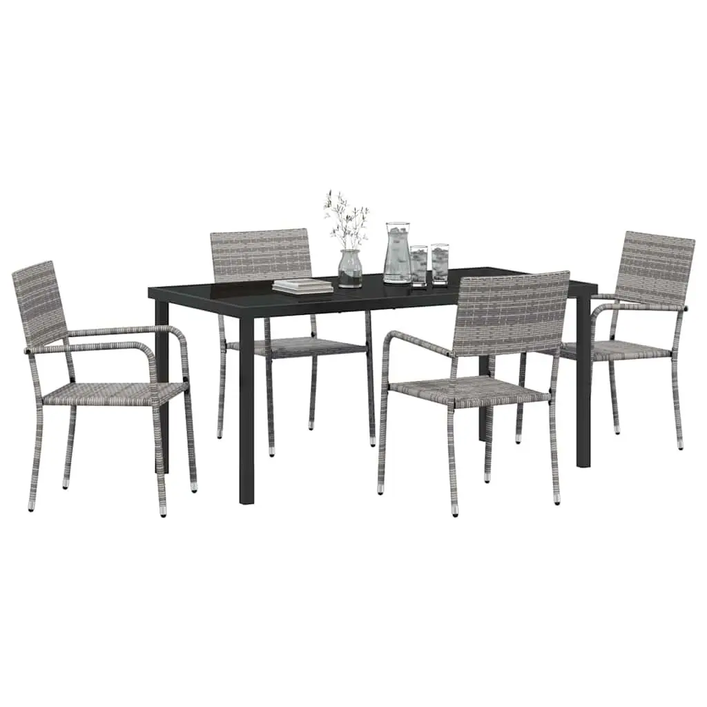 Outdoor Dining Set 5 Pieces Grey Poly Rattan Garden Furniture Tempered Glass