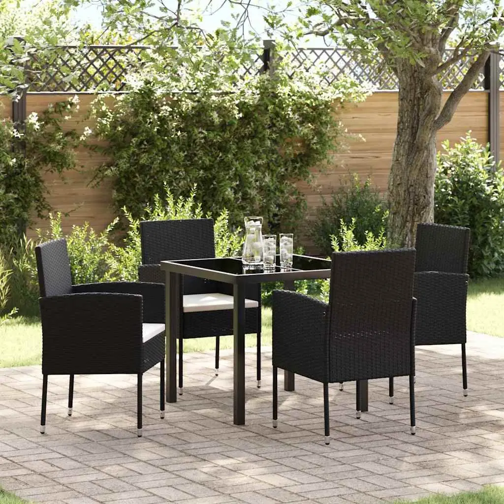 Garden Dining Set 5pcs Outdoor Furniture Black Poly Rattan Glass Table Chairs
