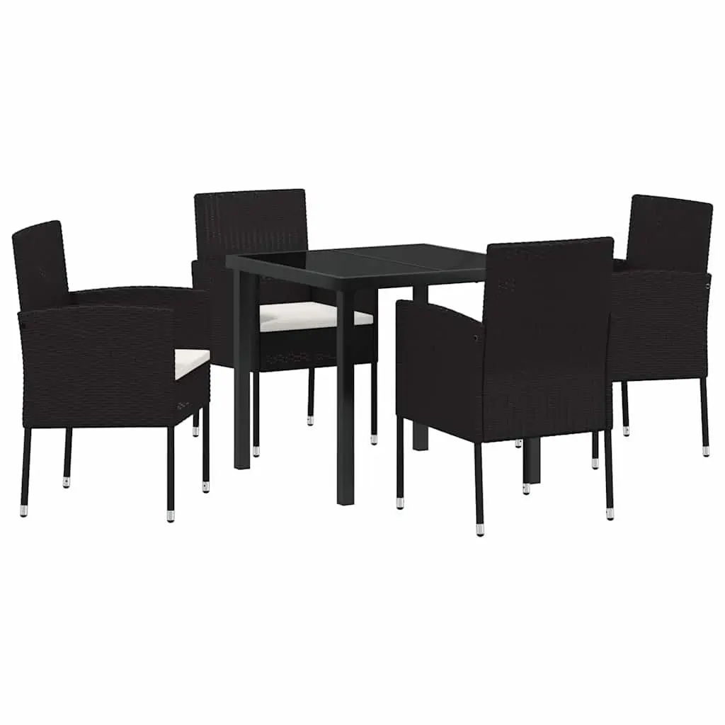 Garden Dining Set 5pcs Outdoor Furniture Black Poly Rattan Glass Table Chairs