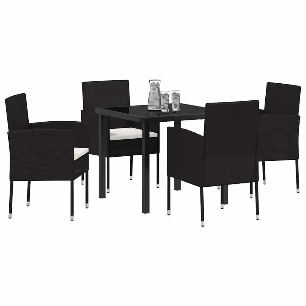 Garden Dining Set 5pcs Outdoor Furniture Black Poly Rattan Glass Table Chairs