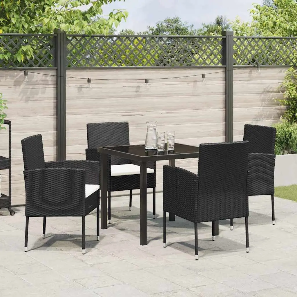Garden Dining Set 5pcs Outdoor Furniture Black Poly Rattan Glass Table Chairs