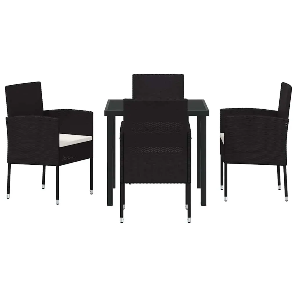 Garden Dining Set 5pcs Outdoor Furniture Black Poly Rattan Glass Table Chairs