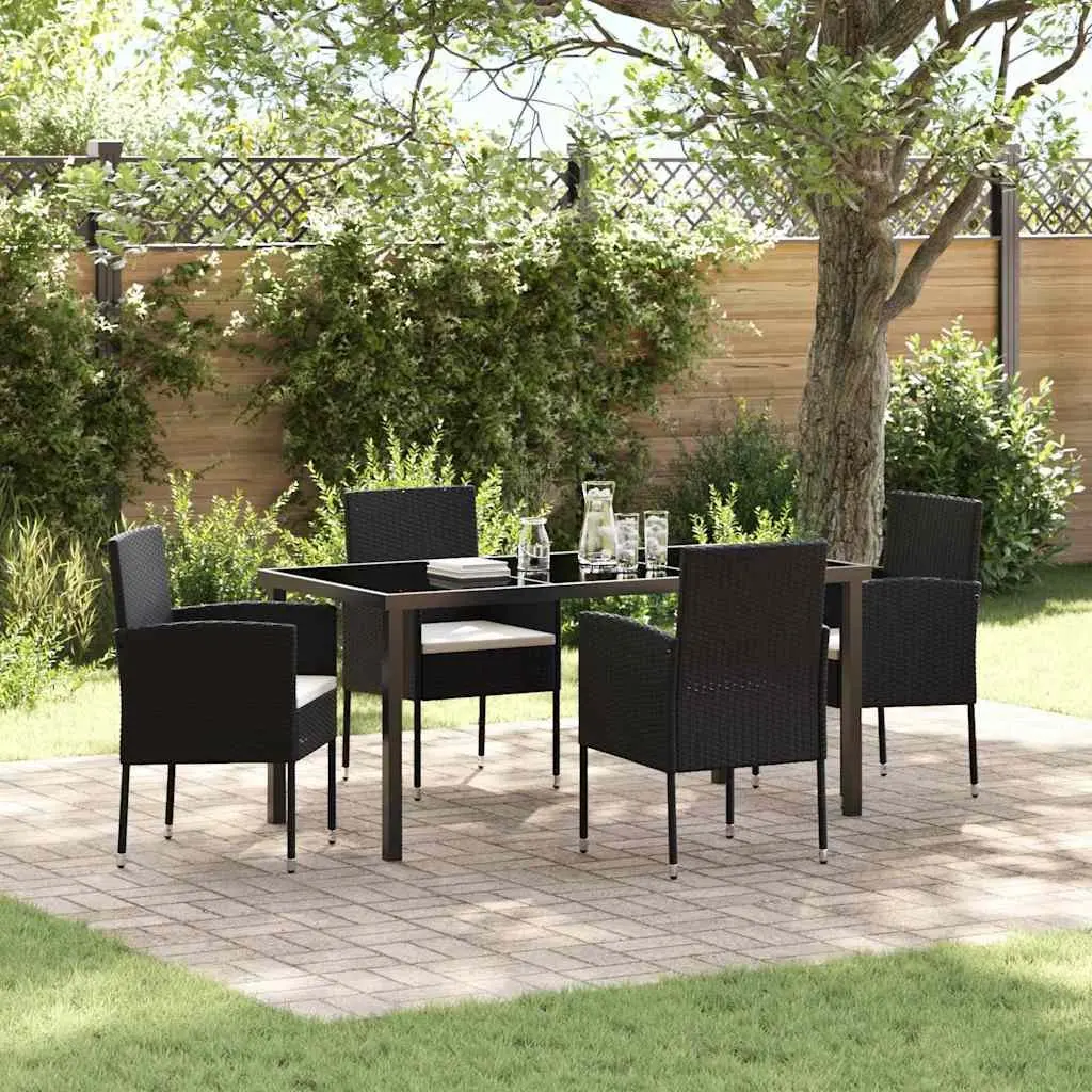Outdoor Garden Dining Set 5 Pieces Black Poly Rattan Glass Top Table Chairs