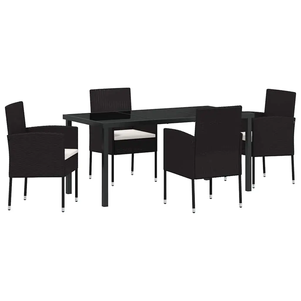 Outdoor Garden Dining Set 5 Pieces Black Poly Rattan Glass Top Table Chairs