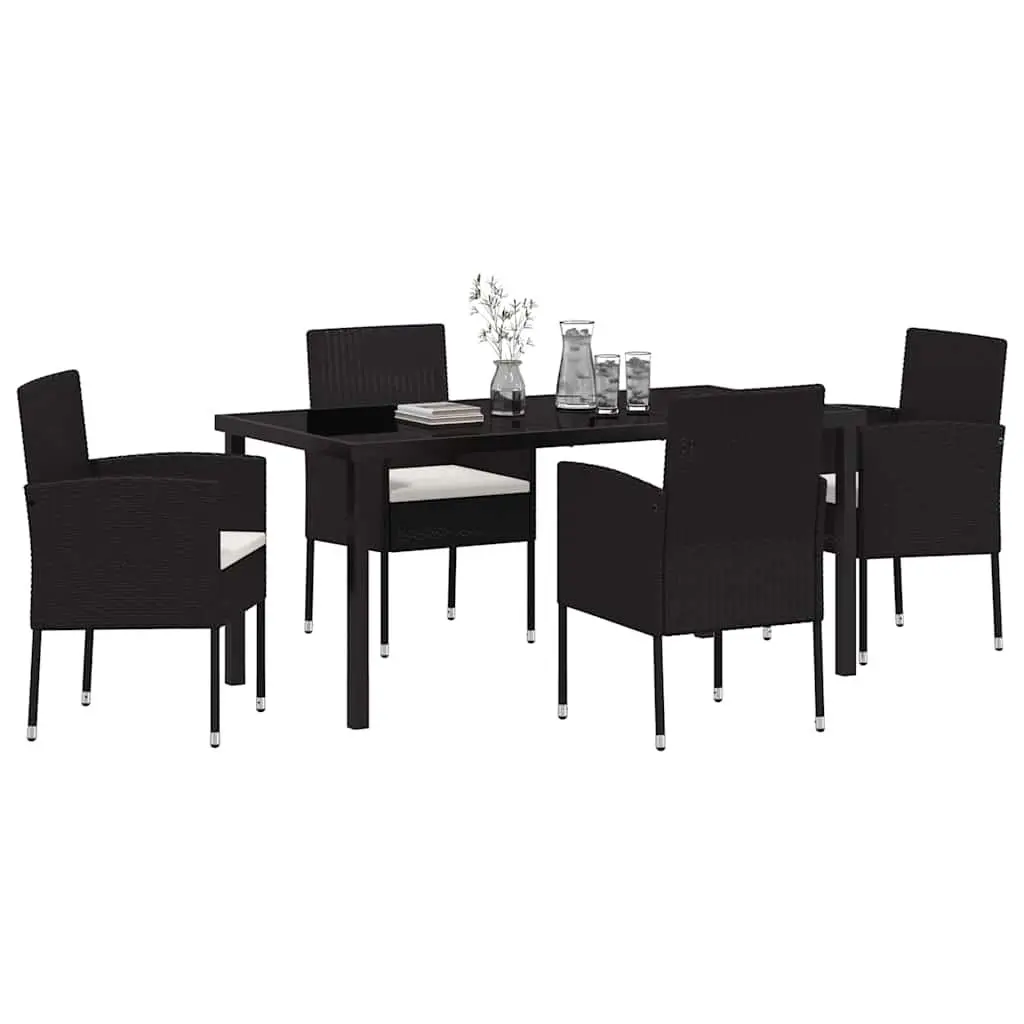 Outdoor Garden Dining Set 5 Pieces Black Poly Rattan Glass Top Table Chairs
