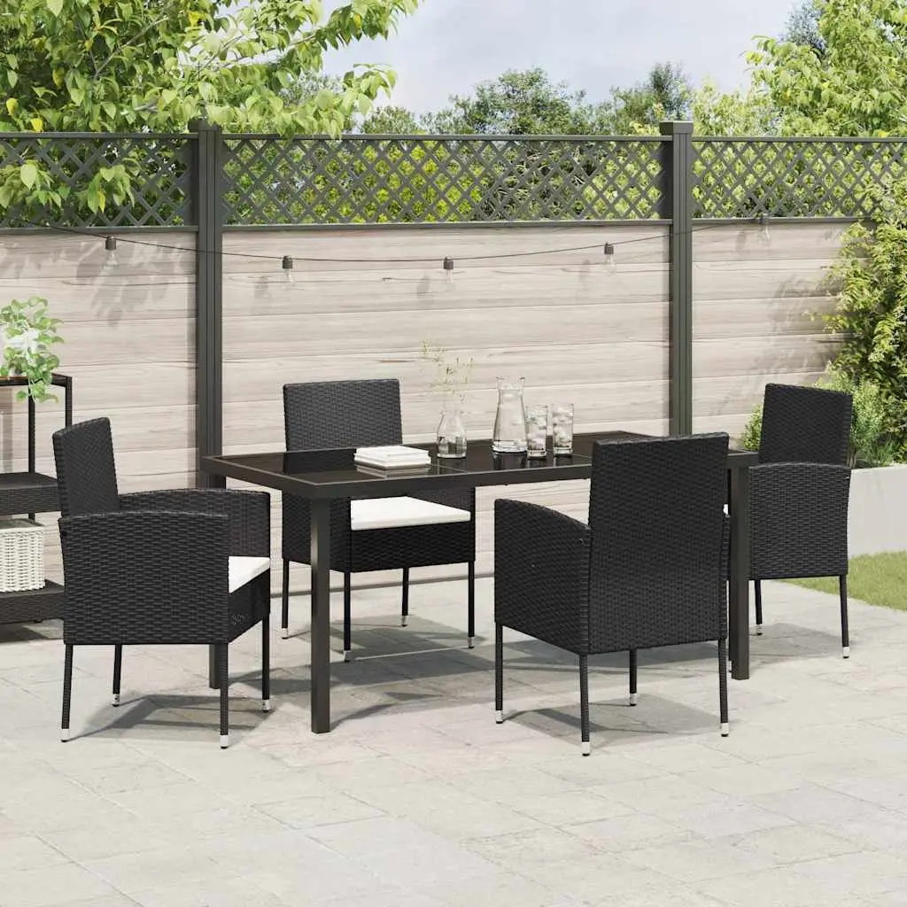 Outdoor Garden Dining Set 5 Pieces Black Poly Rattan Glass Top Table Chairs