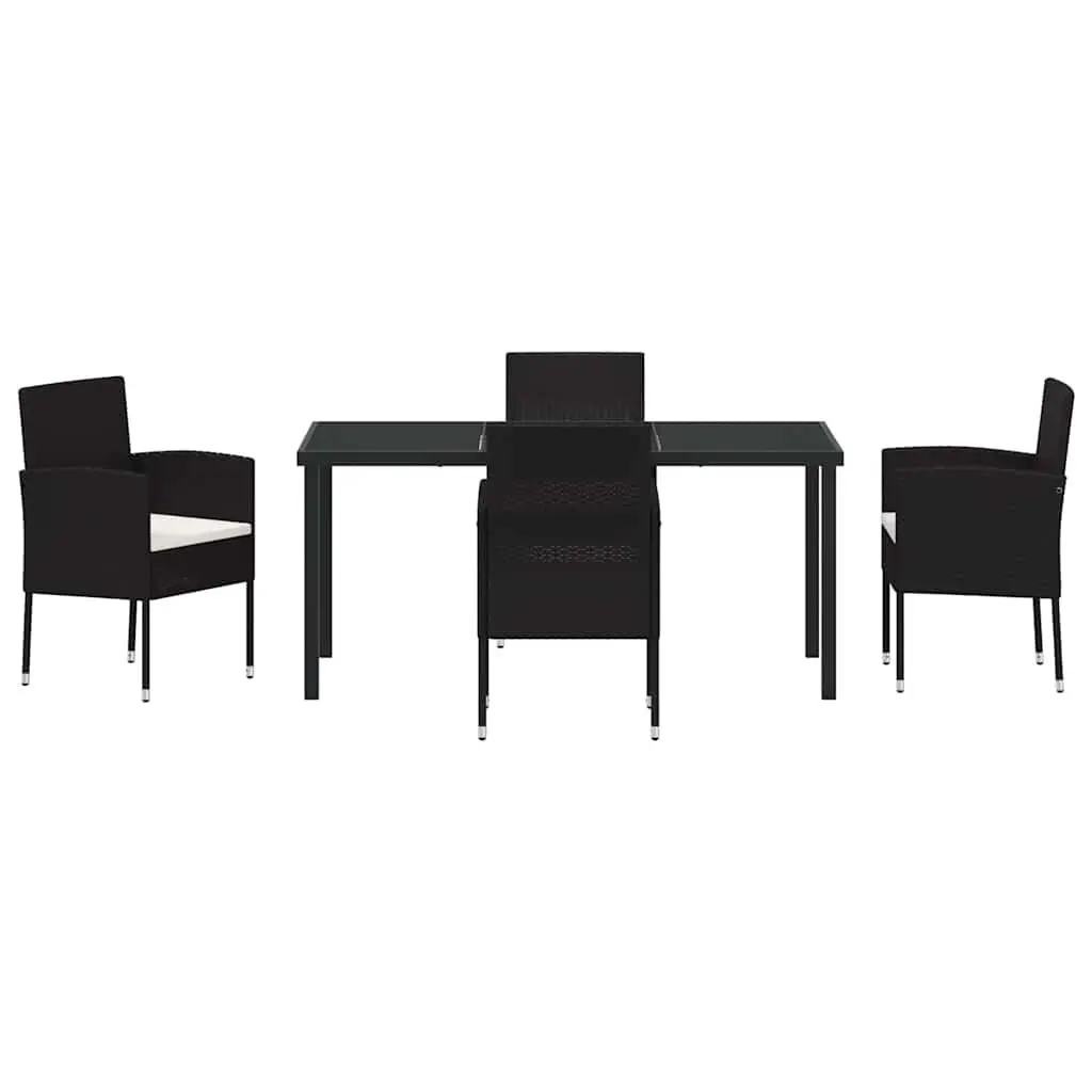Outdoor Garden Dining Set 5 Pieces Black Poly Rattan Glass Top Table Chairs