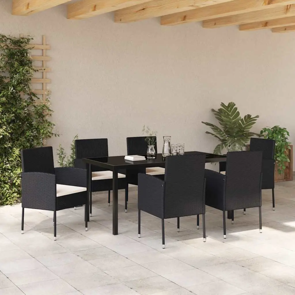 Garden Dining Set Black 7 Piece Outdoor Furniture Rattan Chairs Glass Table