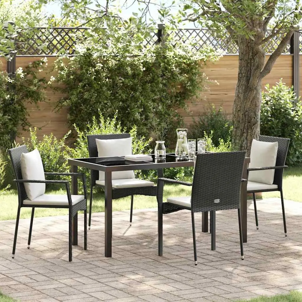 Outdoor Dining Set Black 5 Piece Garden Furniture Poly Rattan Tempered Glass
