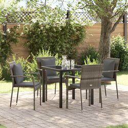 Outdoor Garden Dining Set 5 Pieces Grey Poly Rattan Tempered Glass Table Chairs