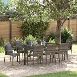 Outdoor Garden Dining Set 9 Pieces Grey Poly Rattan with Cushions Tempered