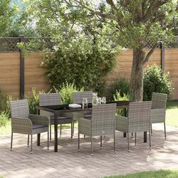 7-Piece Garden Dining Set Grey Poly Rattan Outdoor Furniture with Cushions