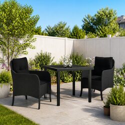 Outdoor Dining Set 3 Piece Black Poly Rattan Garden Furniture with Cushions