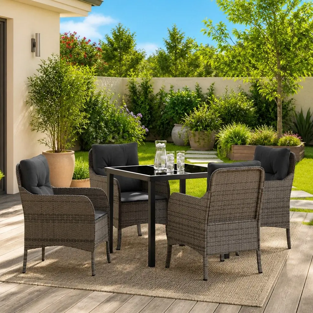 5 Piece Garden Dining Set Grey Poly Rattan Outdoor Furniture with Cushions