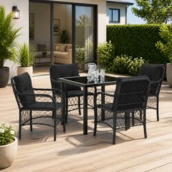Garden Dining Set 5 Pieces Black Poly Rattan Outdoor Furniture with Cushions