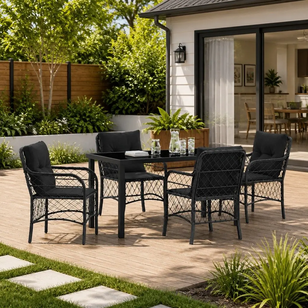 Garden Dining Set Black 5 Piece Outdoor Furniture Patio Table Chairs Cushions