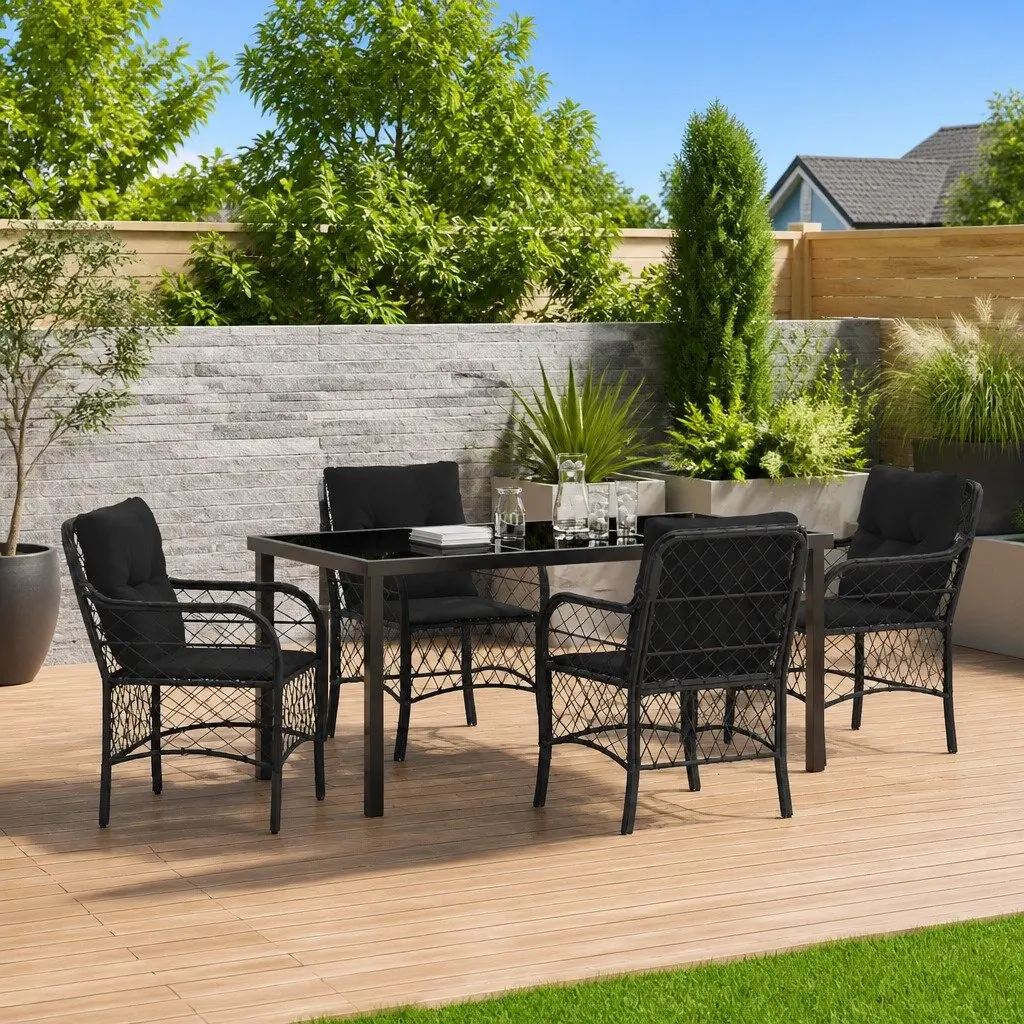 Garden Dining Set 5 Piece Outdoor Furniture Black Poly Rattan Steel Frame
