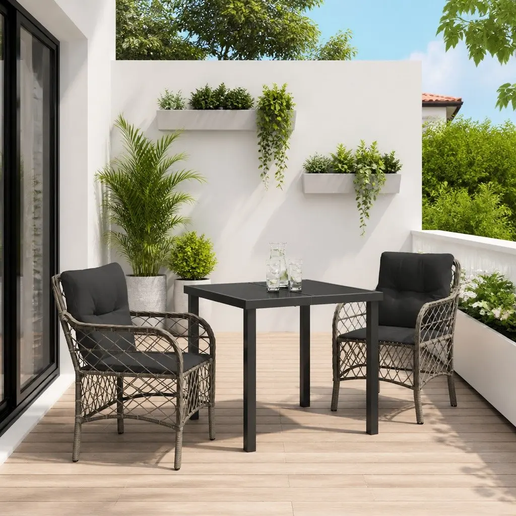 Garden Dining Set 3 Piece Outdoor Furniture Grey Poly Rattan with Cushions