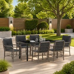 Garden Dining Set 7 Pieces Outdoor Furniture Grey Poly Rattan Patio Chairs Table
