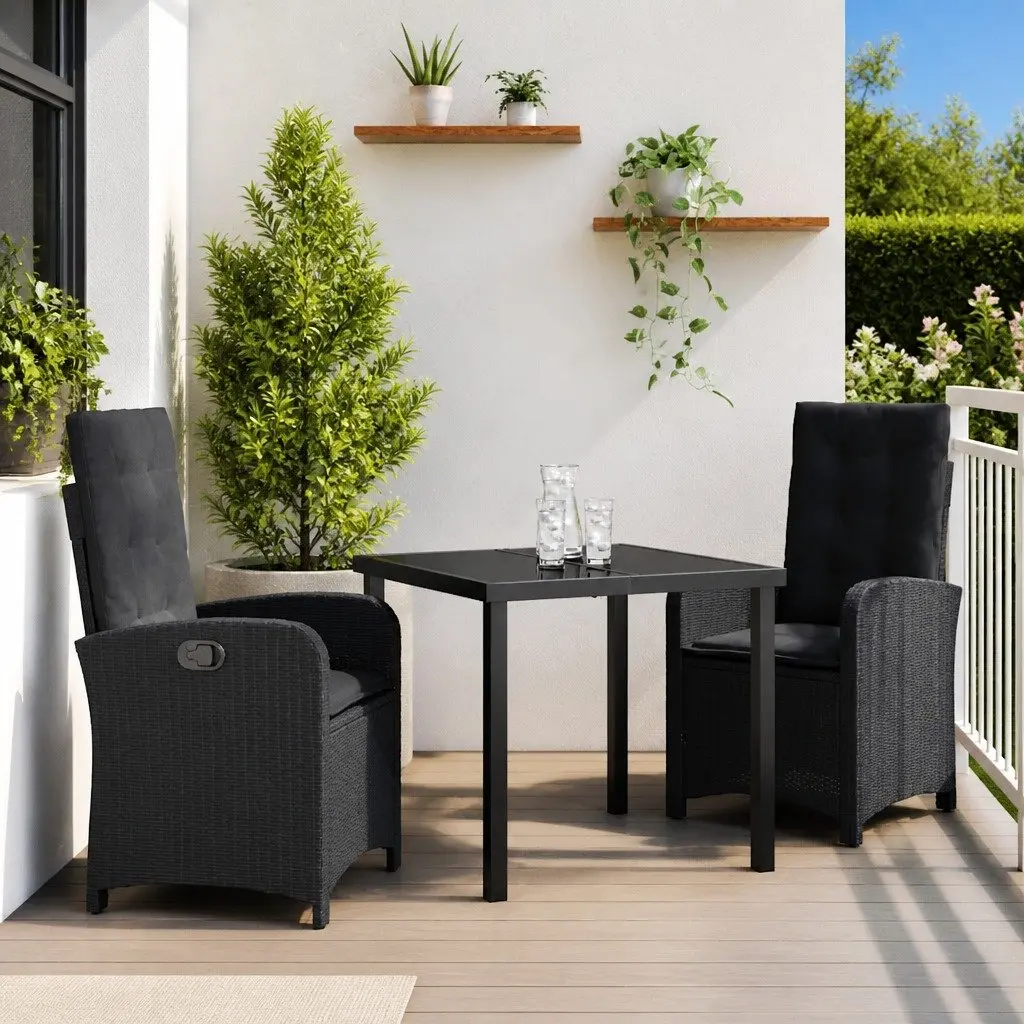 Garden Dining Set Black 3 Piece Outdoor Furniture Poly Rattan Chairs Table