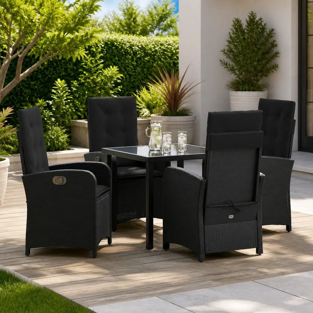 Outdoor Garden Dining Set 5 Pieces Black Poly Rattan With Cushions Glass Table