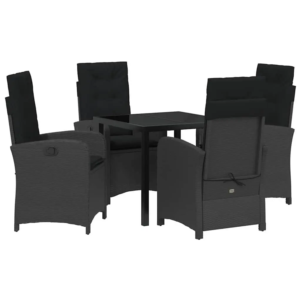 Outdoor Garden Dining Set 5 Pieces Black Poly Rattan With Cushions Glass Table