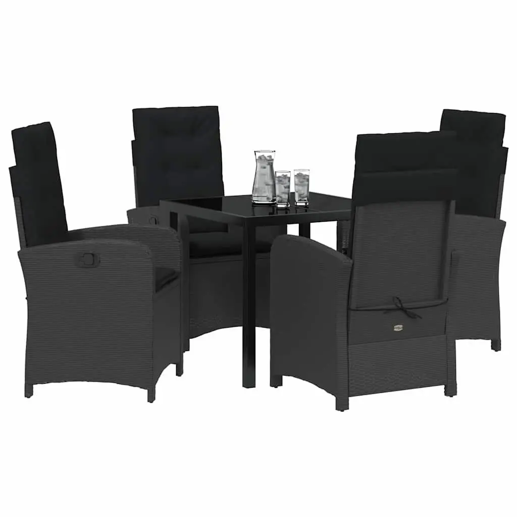 Outdoor Garden Dining Set 5 Pieces Black Poly Rattan With Cushions Glass Table