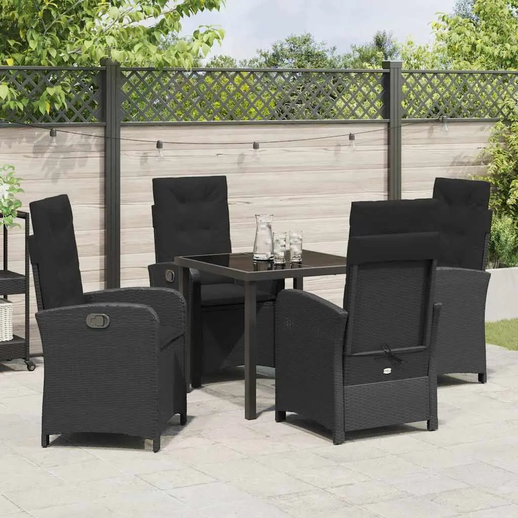 Outdoor Garden Dining Set 5 Pieces Black Poly Rattan With Cushions Glass Table