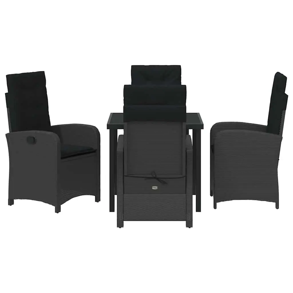 Outdoor Garden Dining Set 5 Pieces Black Poly Rattan With Cushions Glass Table
