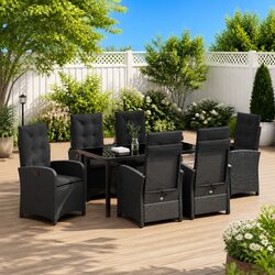 Outdoor Garden Dining Set 7 Pieces Black Poly Rattan with Cushions Glass Table