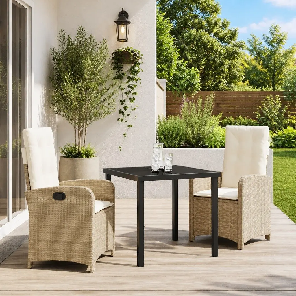 Outdoor Garden Dining Set Beige 3 Piece Poly Rattan Cushioned Seating Glass Table