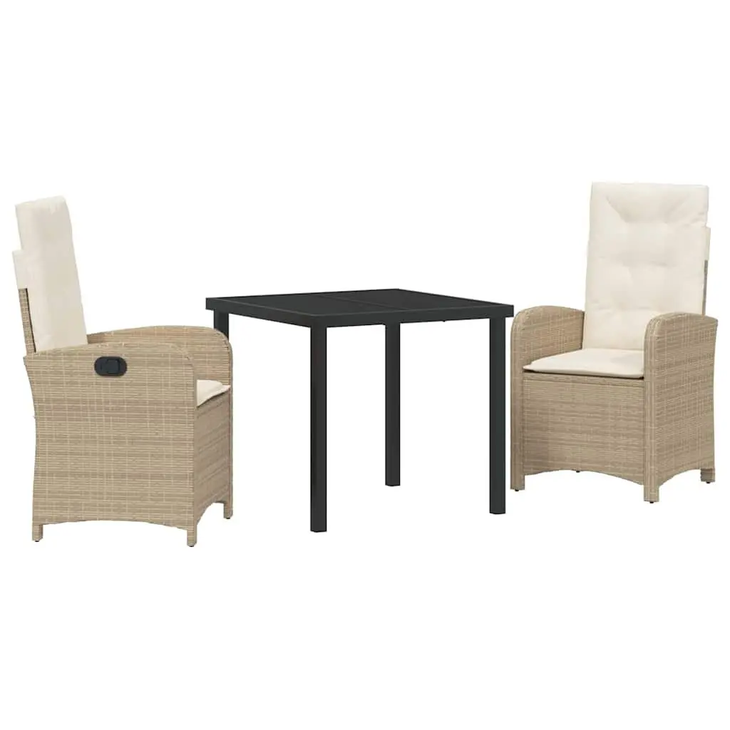 Outdoor Garden Dining Set Beige 3 Piece Poly Rattan Cushioned Seating Glass Table