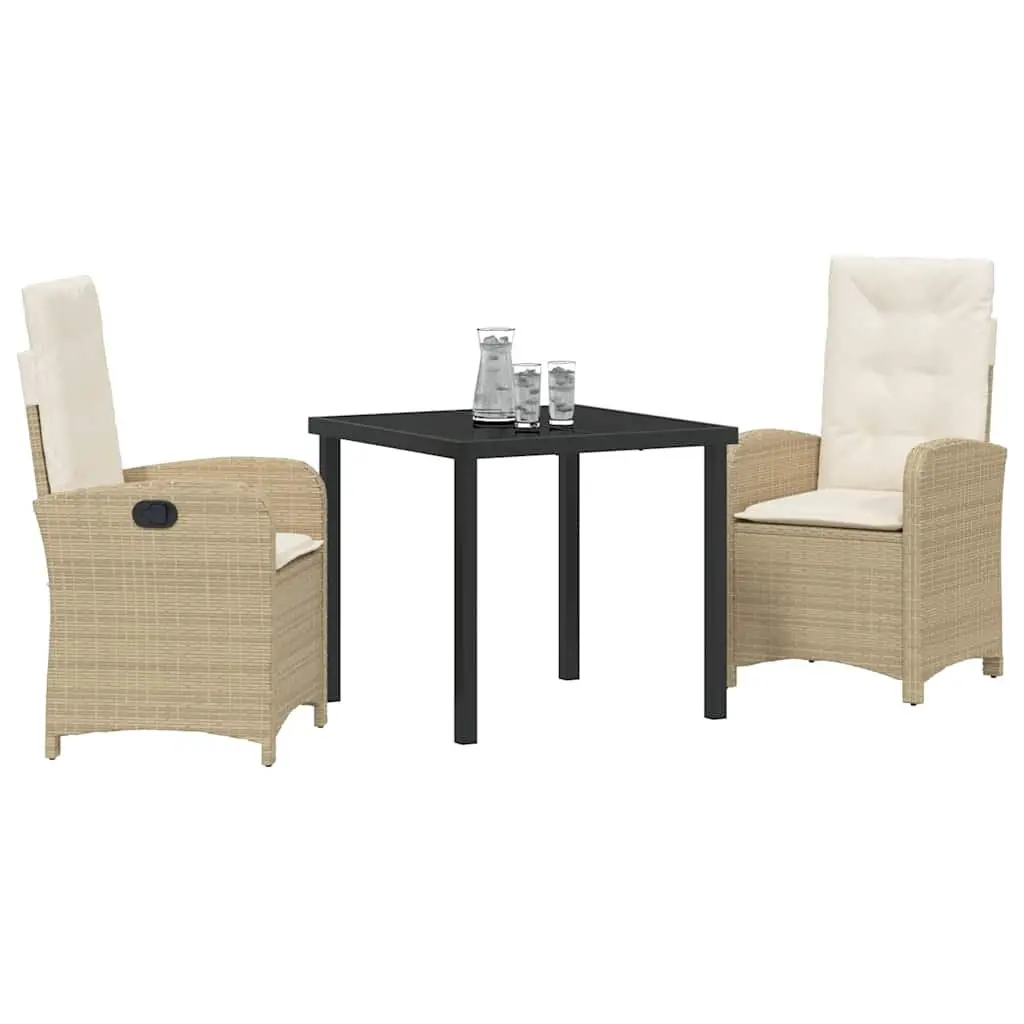 Outdoor Garden Dining Set Beige 3 Piece Poly Rattan Cushioned Seating Glass Table