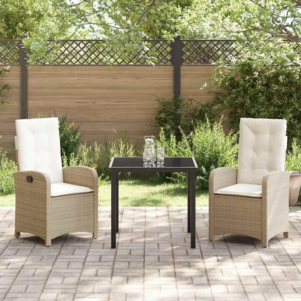 Outdoor Garden Dining Set Beige 3 Piece Poly Rattan Cushioned Seating Glass Table