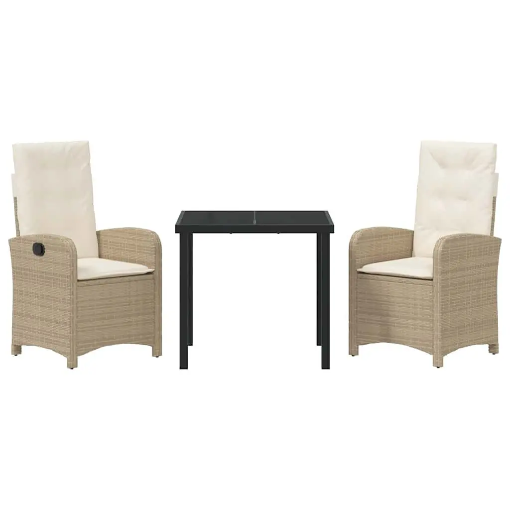 Outdoor Garden Dining Set Beige 3 Piece Poly Rattan Cushioned Seating Glass Table