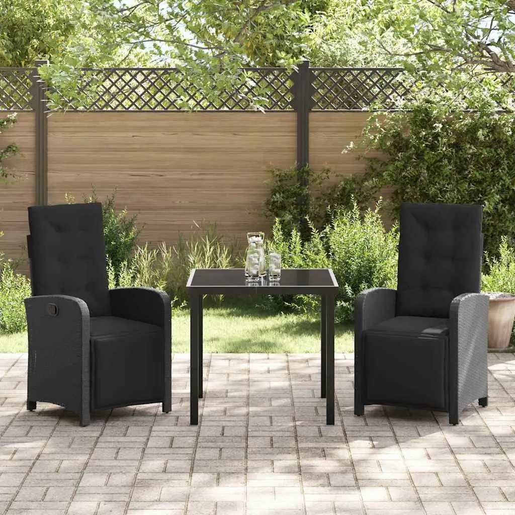 Outdoor Garden Dining Set 3 Piece Black Poly Rattan Patio Furniture Glass Top