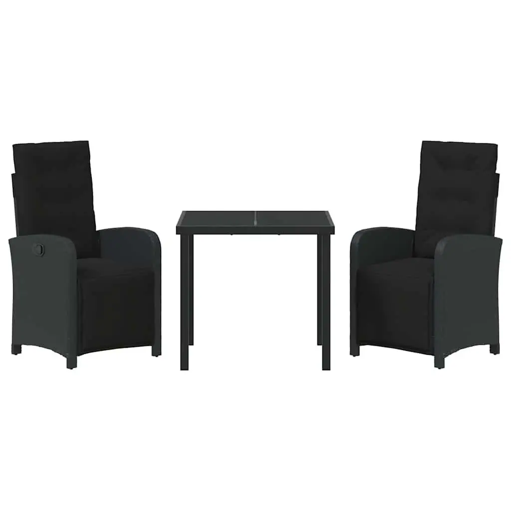 Outdoor Garden Dining Set 3 Piece Black Poly Rattan Patio Furniture Glass Top
