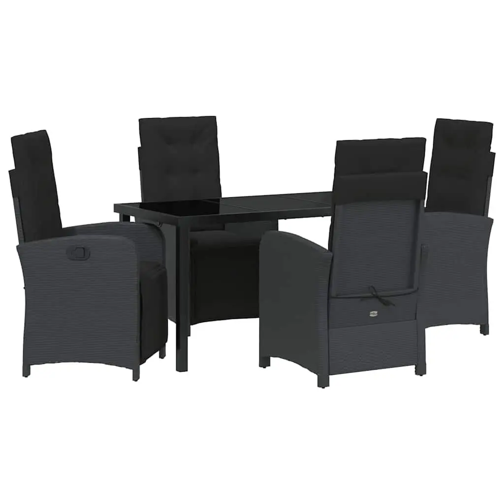 Garden Dining Set 5 Piece Outdoor Furniture Black Poly Rattan Glass Top Cushions
