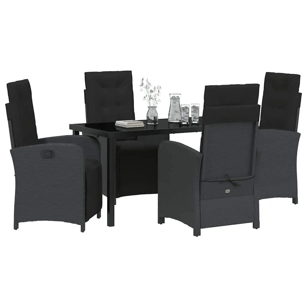Garden Dining Set 5 Piece Outdoor Furniture Black Poly Rattan Glass Top Cushions