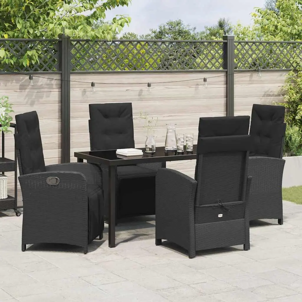 Garden Dining Set 5 Piece Outdoor Furniture Black Poly Rattan Glass Top Cushions