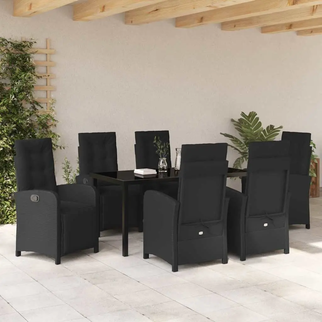 Garden Dining Set 7 Piece Outdoor Patio Furniture Black Poly Rattan Glass Top